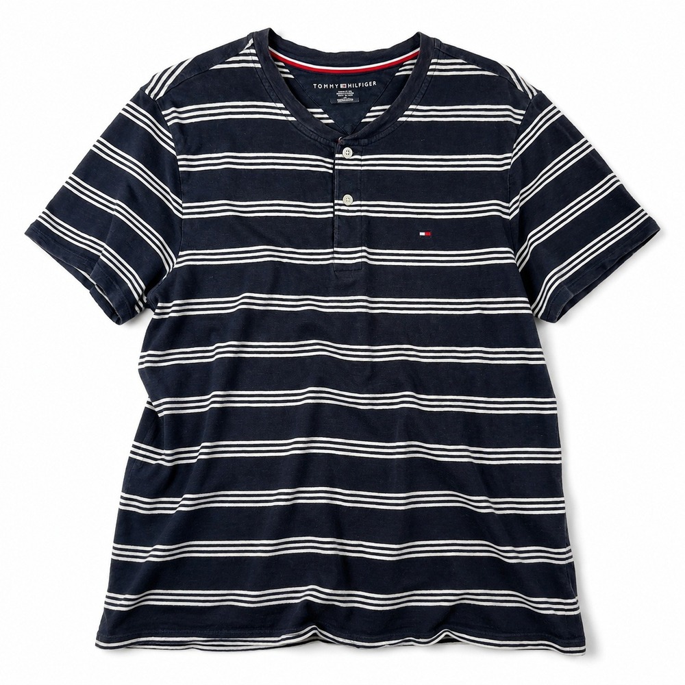 Tommy Hilfiger Henley T-Shirt Navy White Striped Cotton Logo Men's Medium